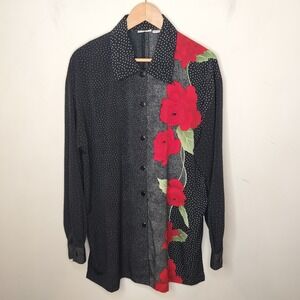 Vtg Freestyle Polka Dot Floral Blouse Button Up Long Sleeve